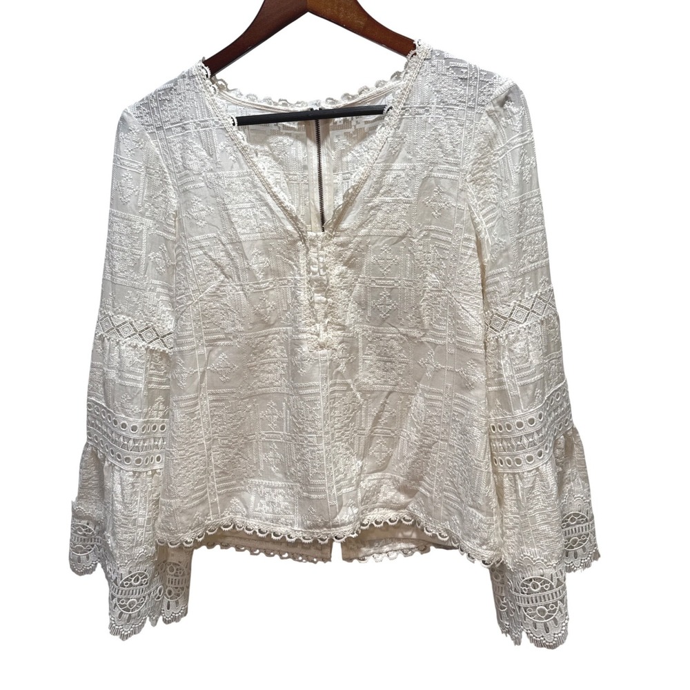 Nanette Lepore White Lace Bell Sleeve V Neck Button Up Blouse Top‎ Size 4 - Picture 2 of 7